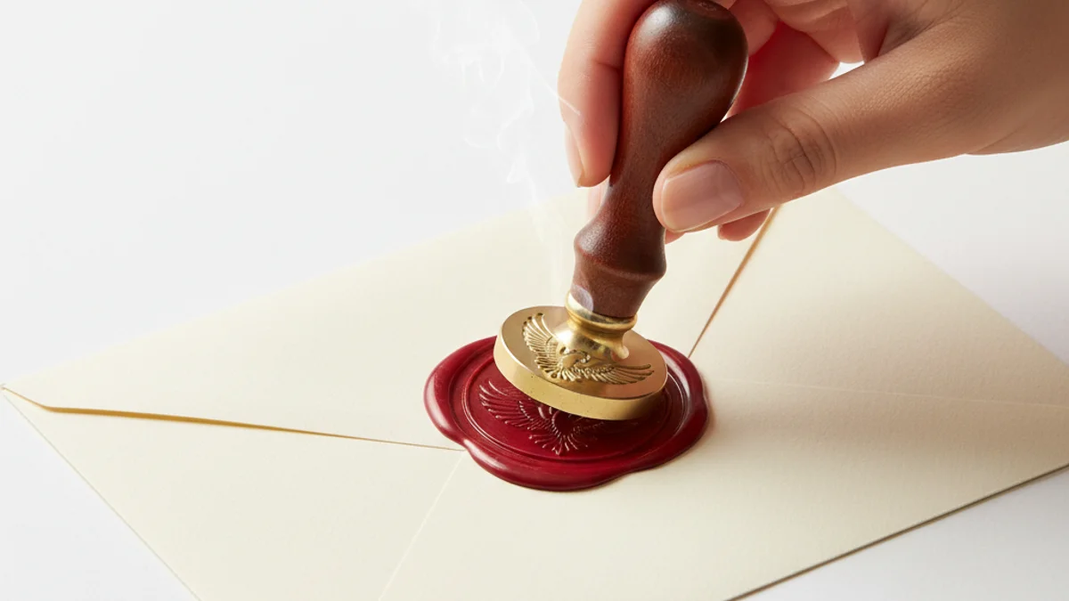 Mãos pressionando selo de lacre dourado em cera vermelha sobre envelope creme.