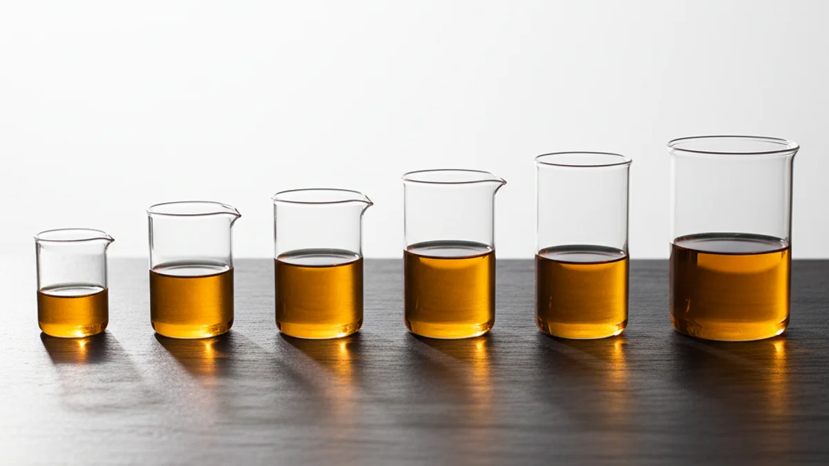 Cinco béqueres de vidro enfileirados com líquido âmbar em níveis crescentes sobre ardósia escura.