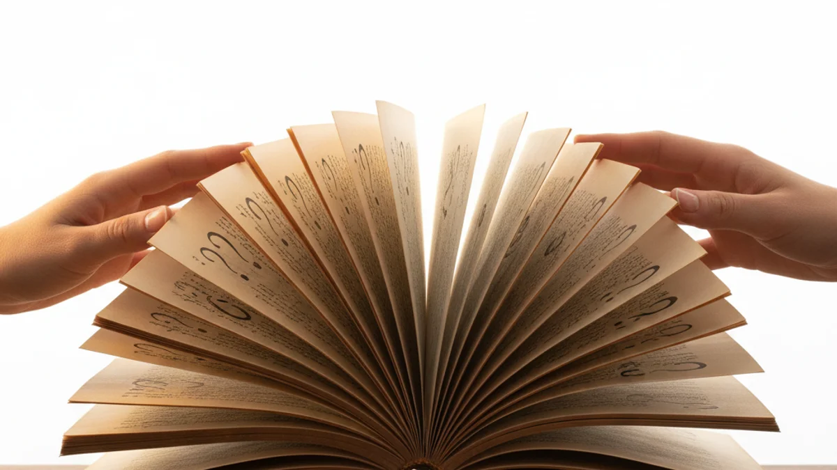 Mãos segurando livro aberto com páginas repletas de perguntas manuscritas em destaque.