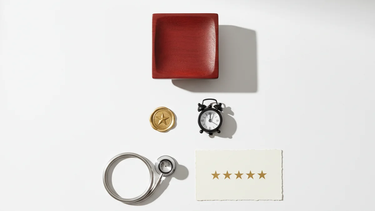 Objetos físicos organizados como wireframe de landing page com estetoscópio e selos.