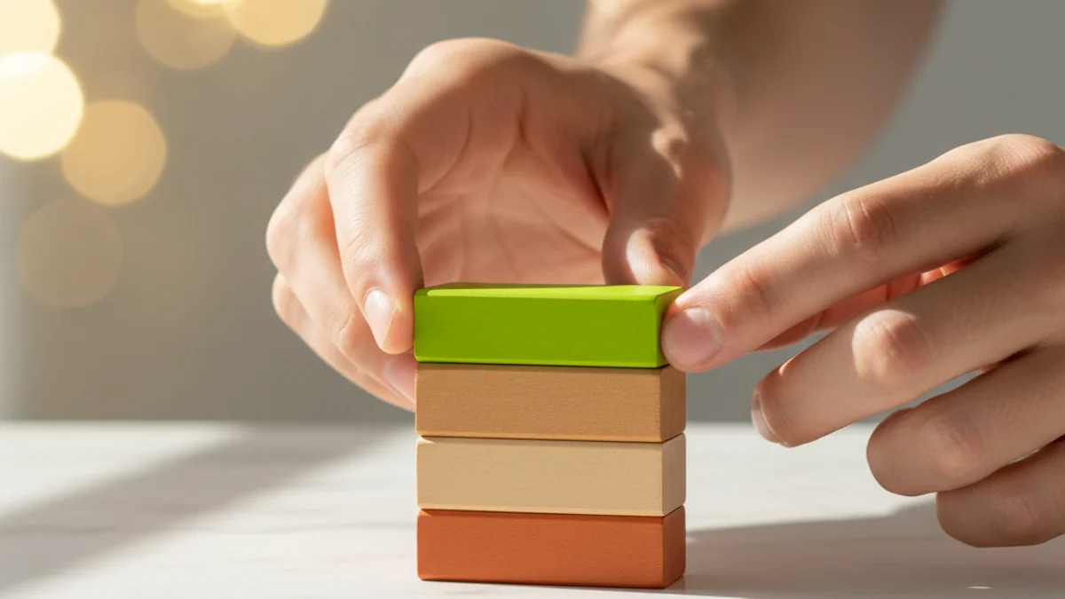 Mãos organizando blocos de madeira coloridos em sequência vertical sobre mesa de mármore.