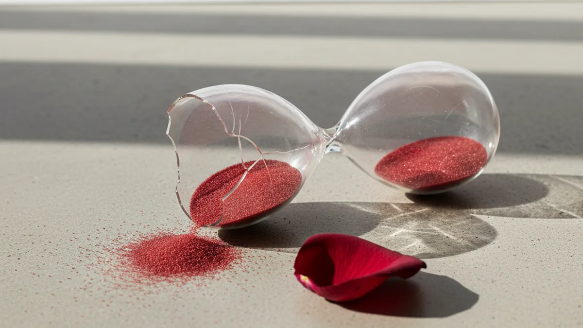 Ampulheta rachada derramando areia vermelha sobre superfície de concreto polido.