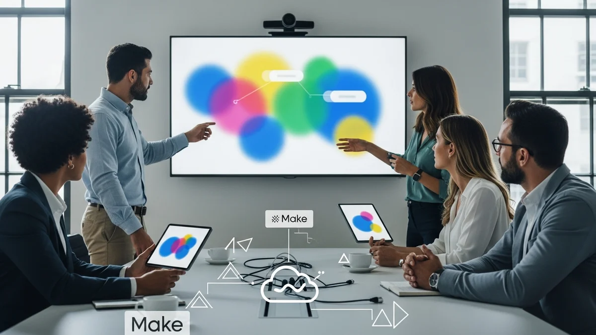 Diagrama visual do Make mostrando módulos conectados em um fluxo de automação de marketing