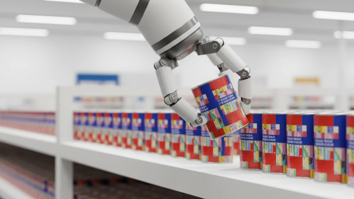 Braço mecânico automatizado selecionando produto em prateleira de varejo organizada.