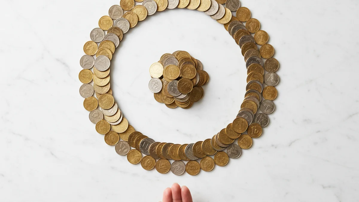 Mão aberta recebendo moedas dispostas em círculo sobre mármore branco.