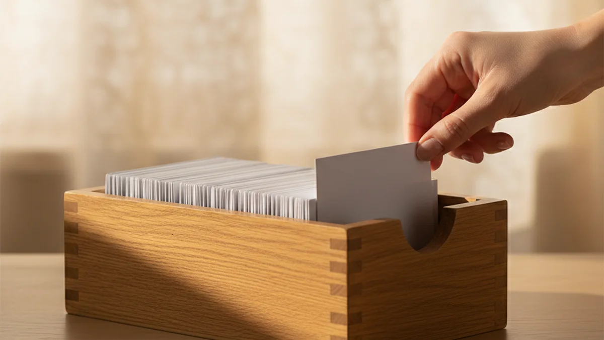 Mão retirando um cartão de índice de fichário de madeira iluminado lateralmente.