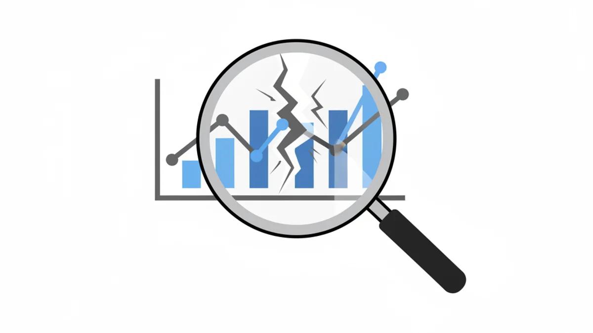 Lupa sobre um gráfico de analytics com rachaduras, simbolizando dados de rastreamento não confiáveis