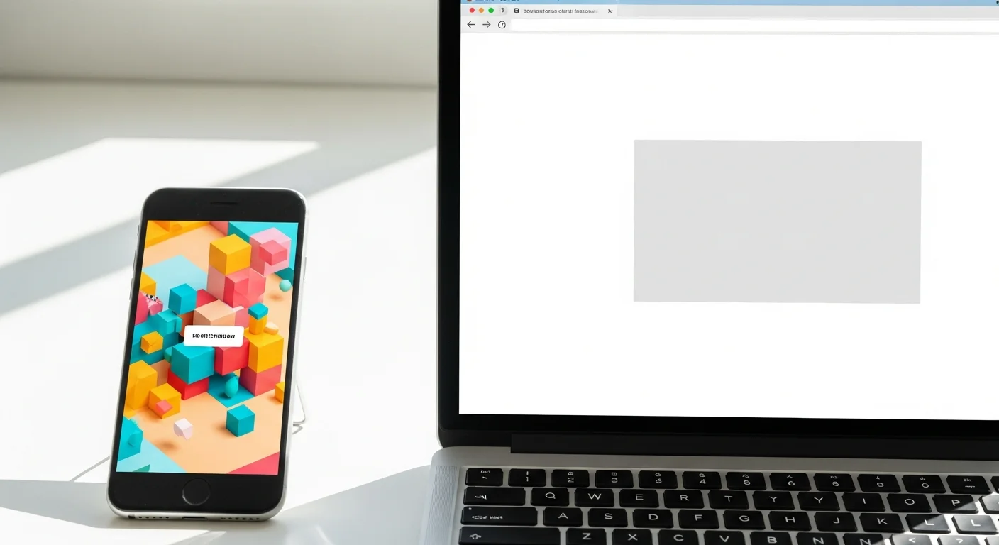 Celular com anúncio colorido ao lado de laptop com página branca genérica — desalinhamento entre anúncio e landing page no Meta Ads