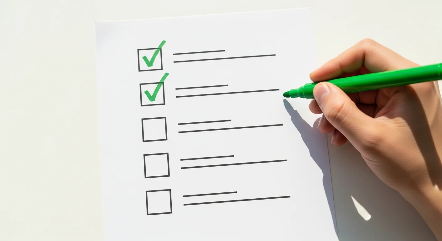 Mão marcando checklist impresso com caneta verde — diagnóstico rápido de campanha Meta Ads sem resultado