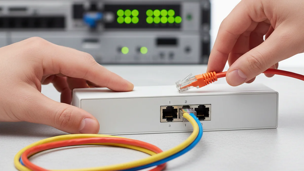 Mãos conectando cabo de rede a switch de dados para instalação de servidor local.