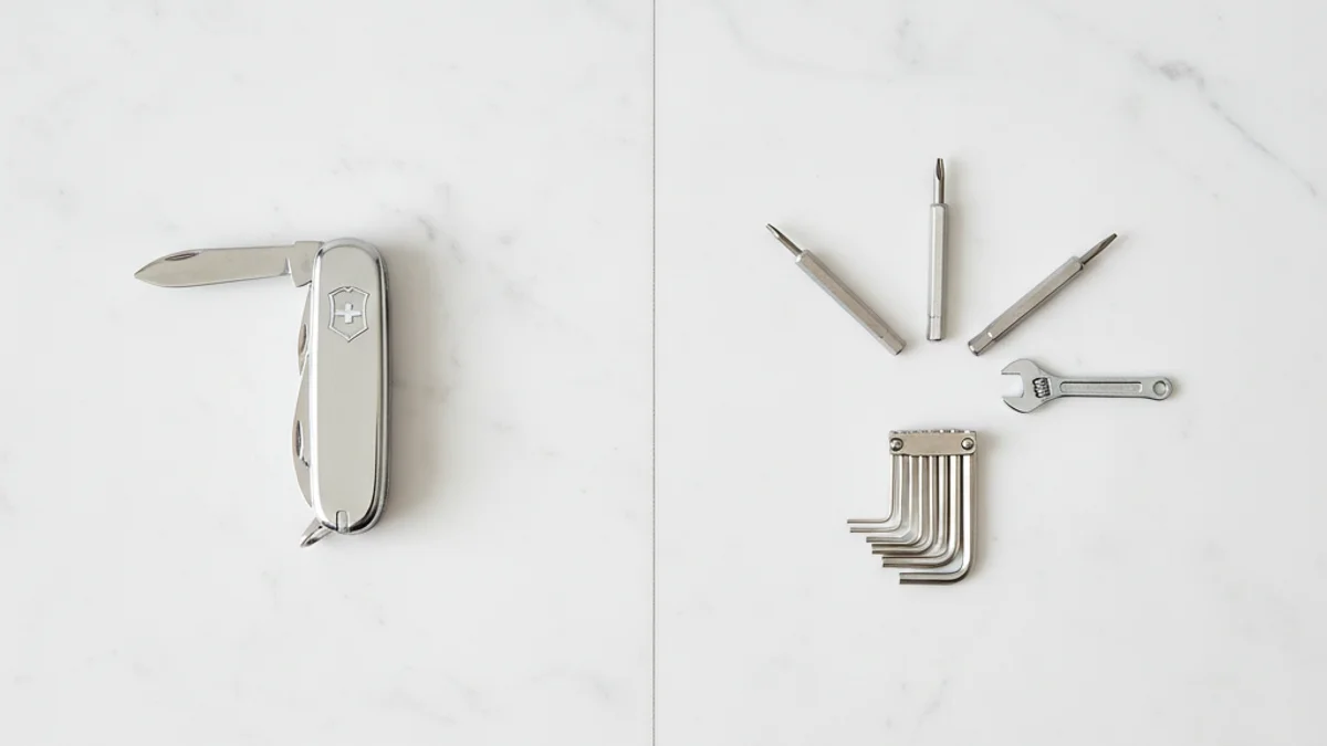Canivete suíço ao lado de ferramentas individuais organizadas, comparando simplicidade e controle.