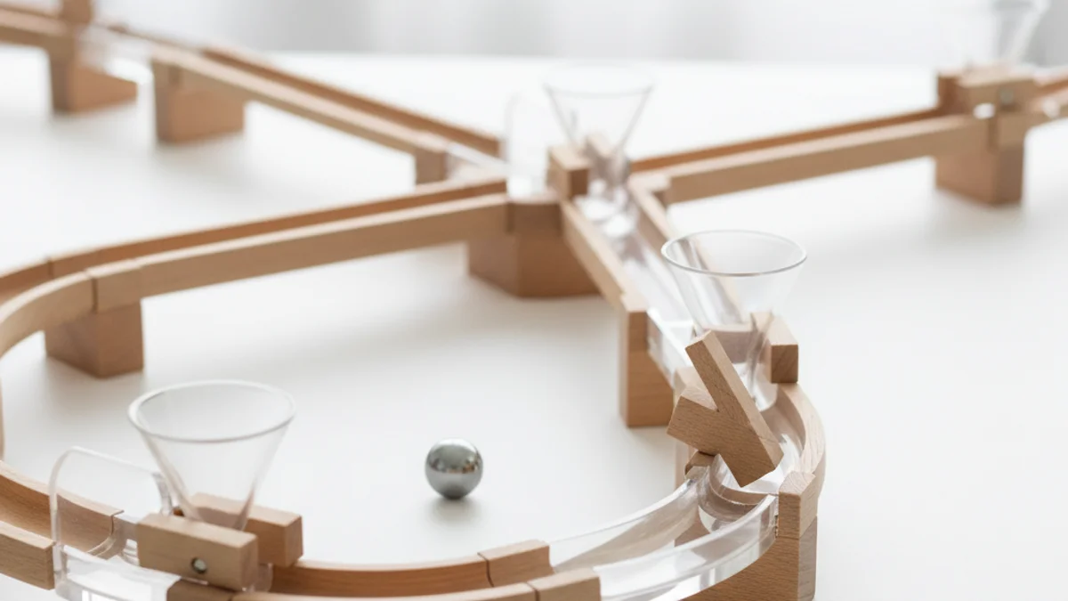 Bola de aço em movimento percorrendo trilha de madeira com ramificações e alavancas automáticas.