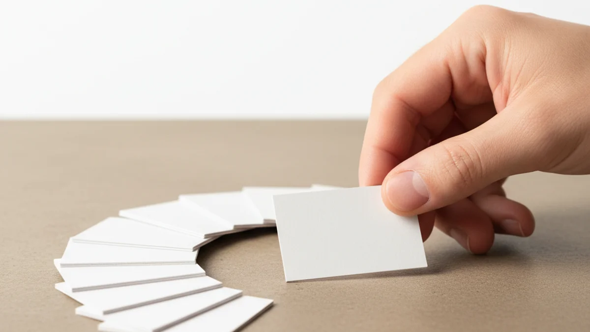 Mão segurando leque de cartões brancos sobre superfície de concreto, representando perguntas frequentes organizadas.