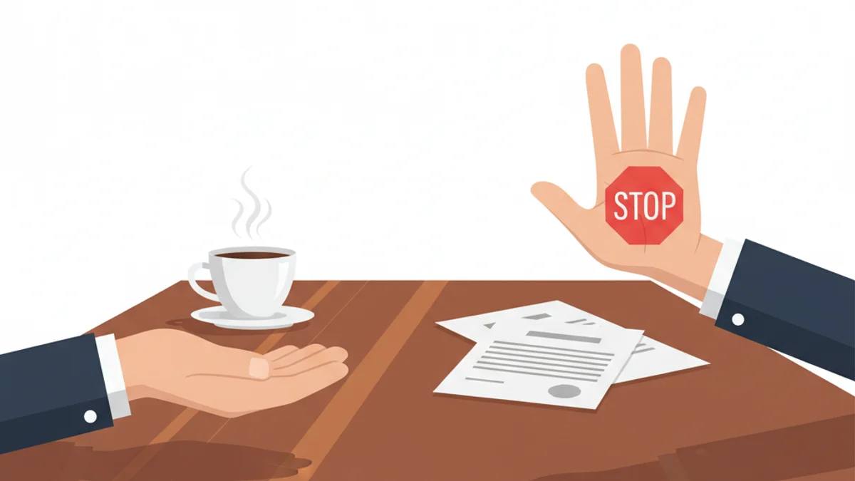 Mão aberta oferecendo e outra fazendo gesto de parada sobre mesa de reunião.