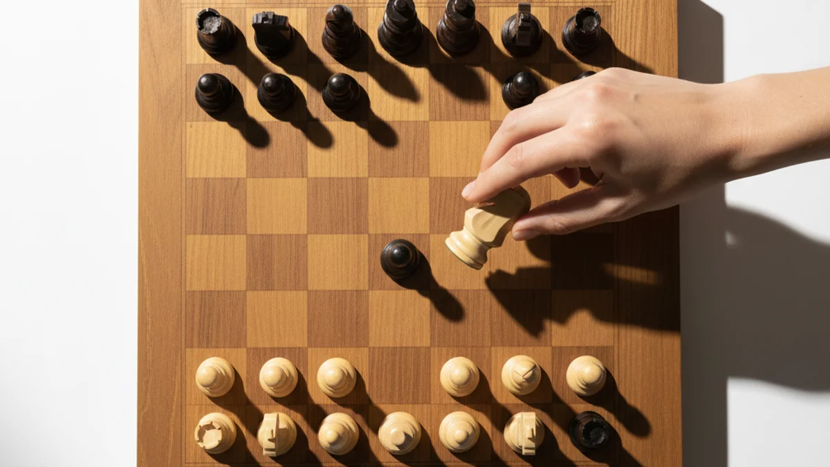 Mão movendo peça de xadrez em tabuleiro iluminado por luz natural.