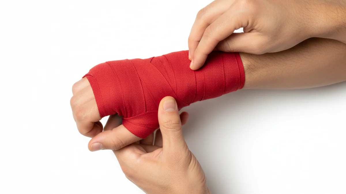 Mãos envolvendo bandagens vermelhas de boxe em academia iluminada por luz natural.