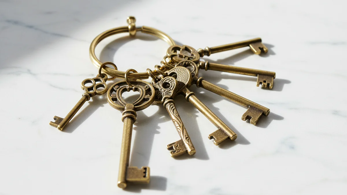 Chaveiro de latão com sete chaves ornamentais sobre mármore branco iluminado.