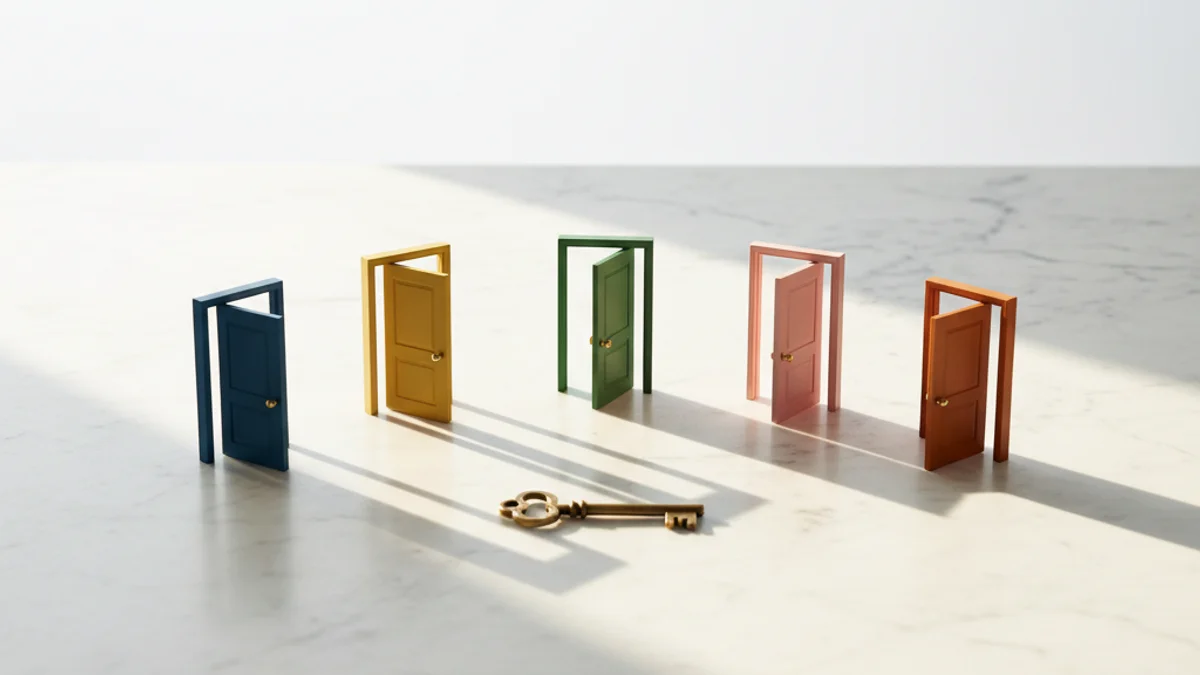 Cinco portas coloridas em miniatura com uma chave dourada ao centro.