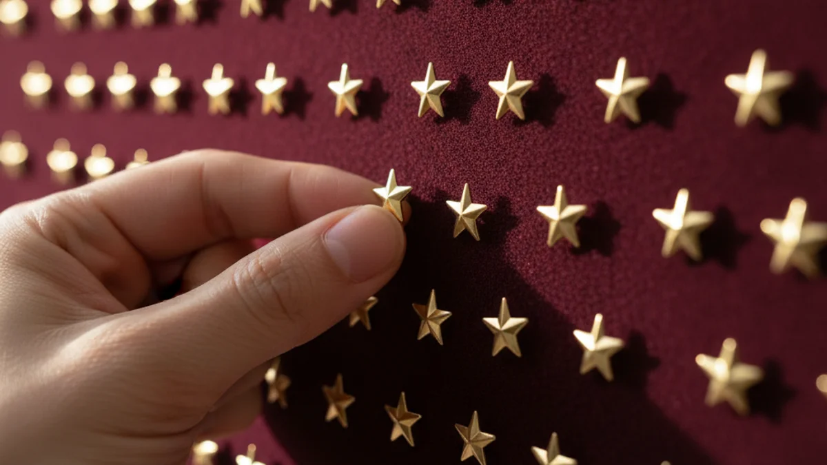 Mão fixando estrela dourada em quadro de veludo com dezenas de estrelas.