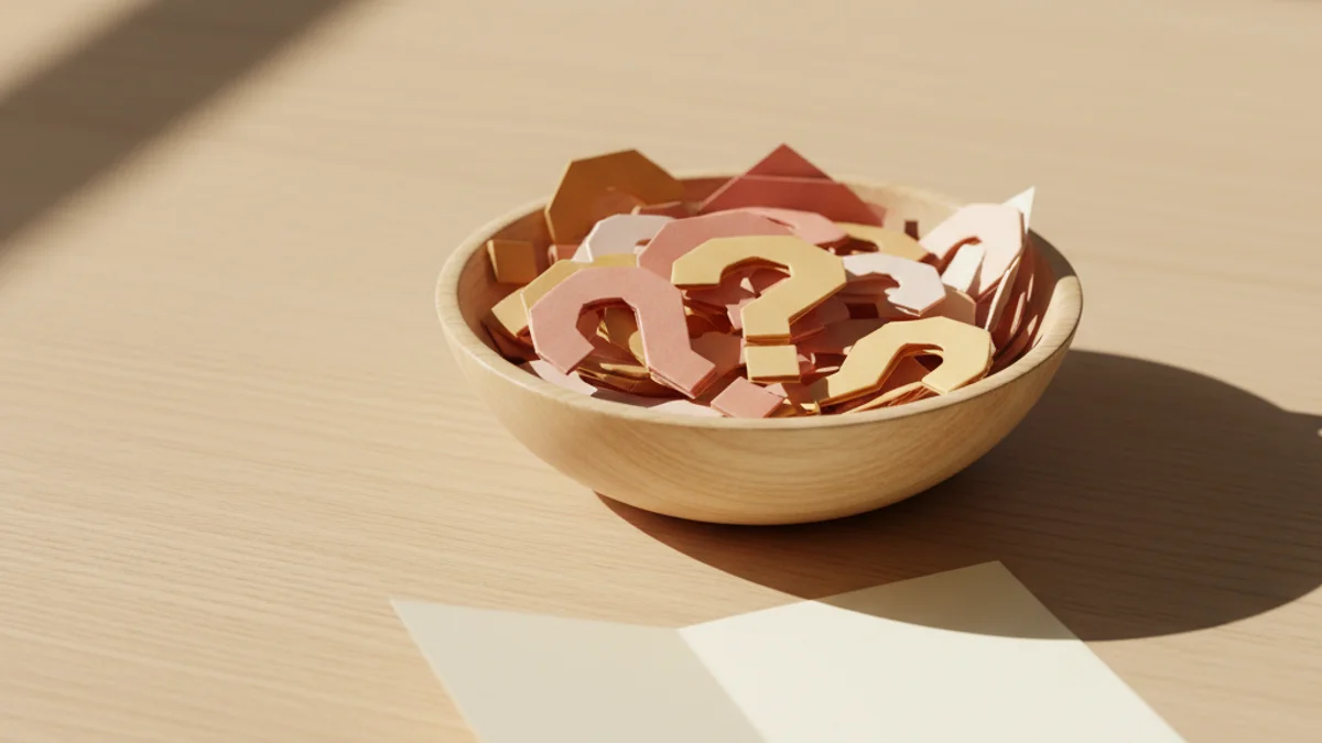 Tigela de madeira com papéis dobrados em formato de interrogação em tons pastéis.