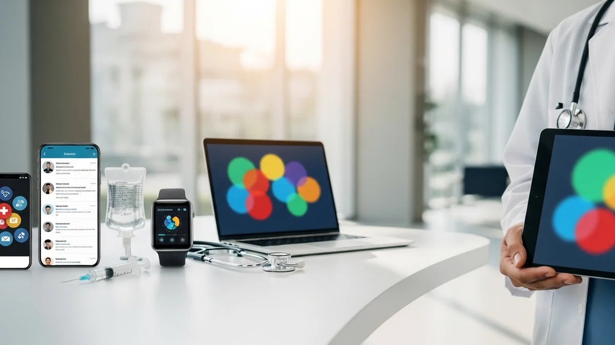 Profissional de saúde usando tablet em consultório com ícones de canais digitais conectados — WhatsApp, e-mail e agendamento online