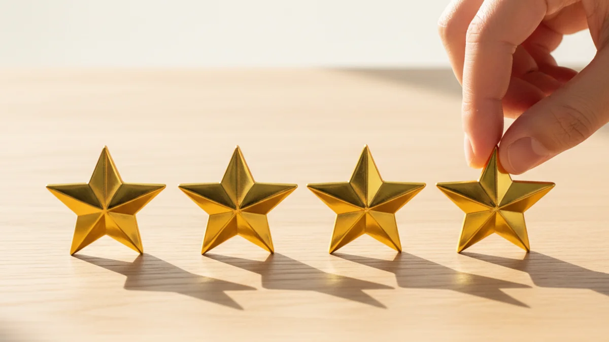 Mão posicionando a quinta estrela dourada em uma fileira sobre mesa de madeira clara.