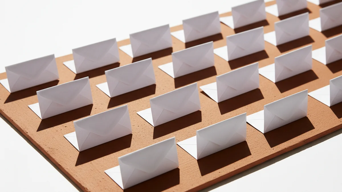 Envelopes brancos fechados enfileirados sobre superfície terracota com luz natural lateral.