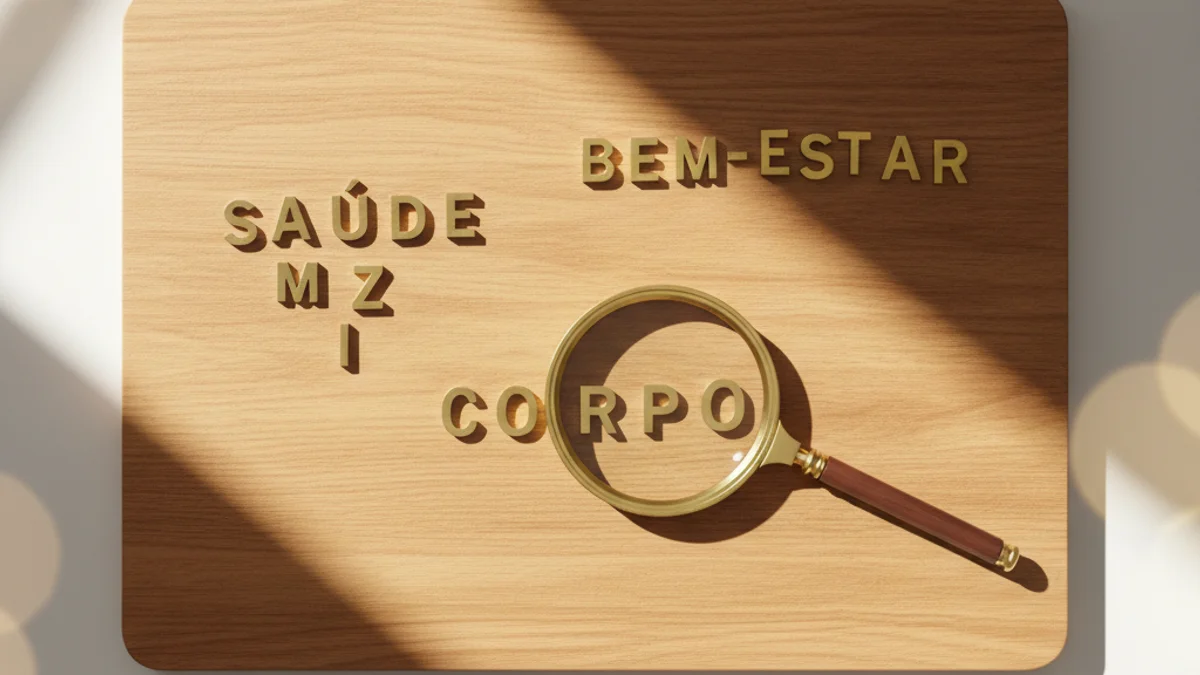 Letras magnéticas de palavras-chave de saúde sob lupa em mesa de madeira iluminada.