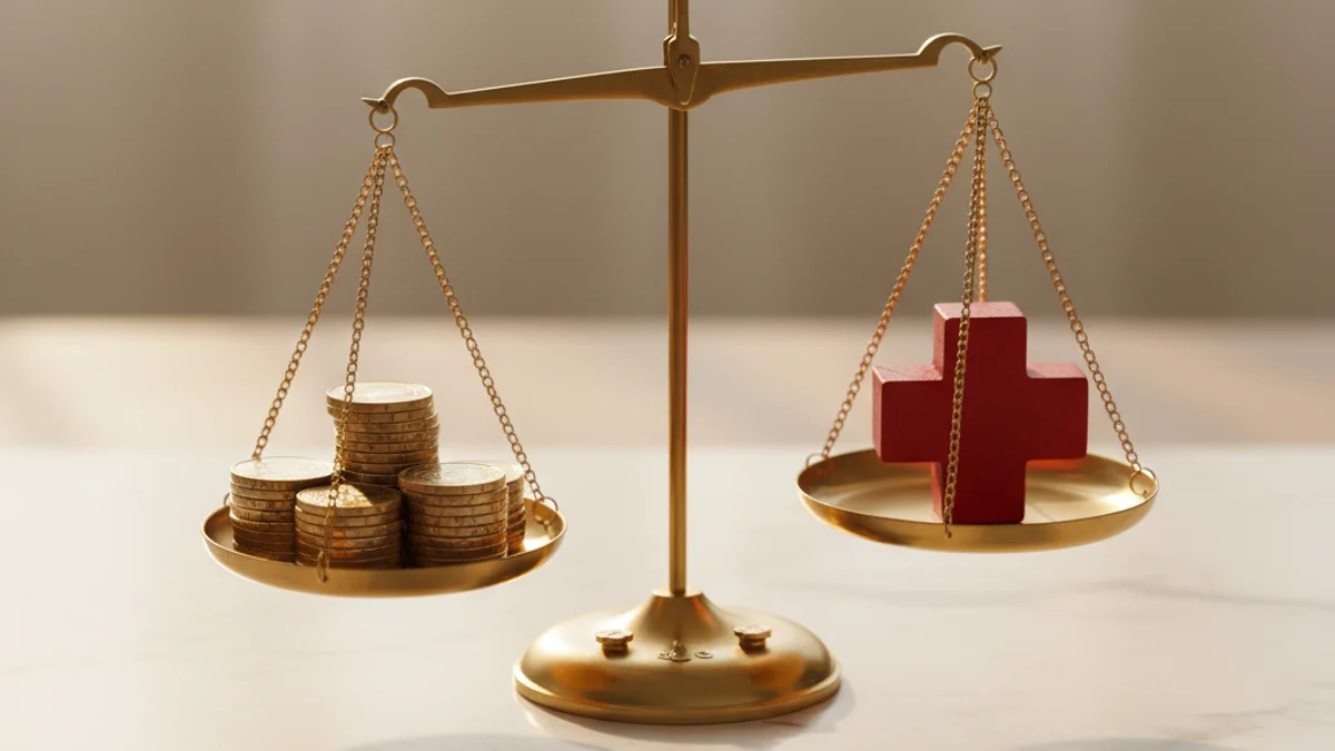 Balança de precisão com moedas reais brasileiras e cruz médica vermelha.