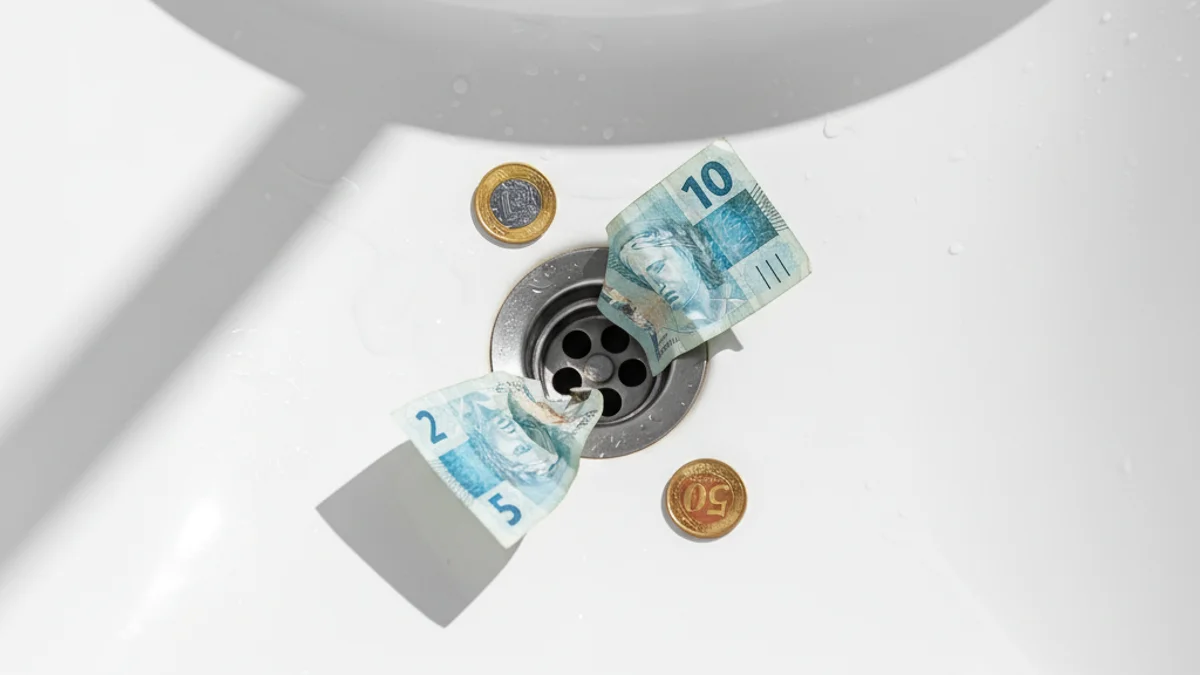 Moedas e notas de real girando no ralo de uma pia branca.