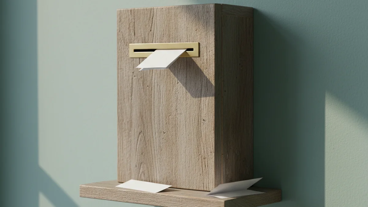 Caixa de sugestões de madeira com papéis dobrados saindo da abertura em parede de clínica.