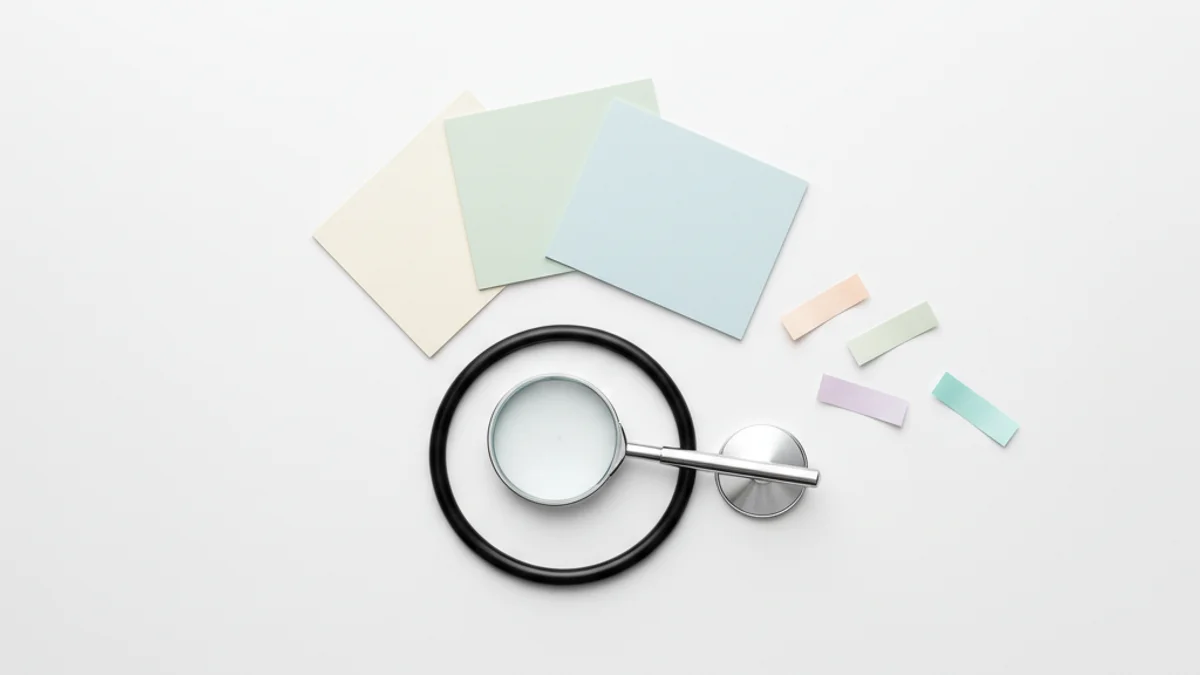 Estetoscópio com lupa e fichas coloridas organizadas sobre superfície clínica branca.