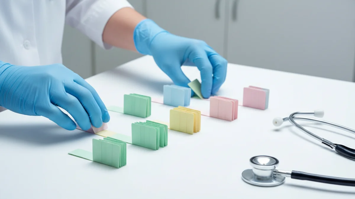 Mãos com luvas organizando divisórias coloridas em colunas sobre mesa clínica iluminada.