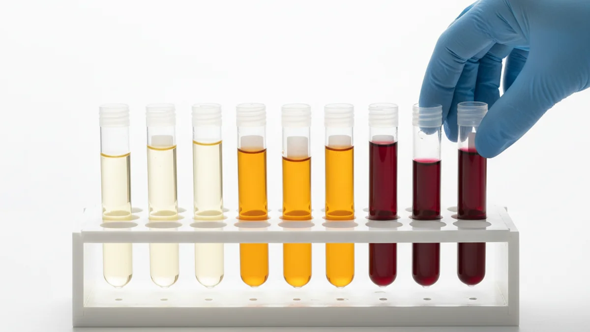 Mão com luva organizando tubos de laboratório em gradiente de cores em bancada clínica.