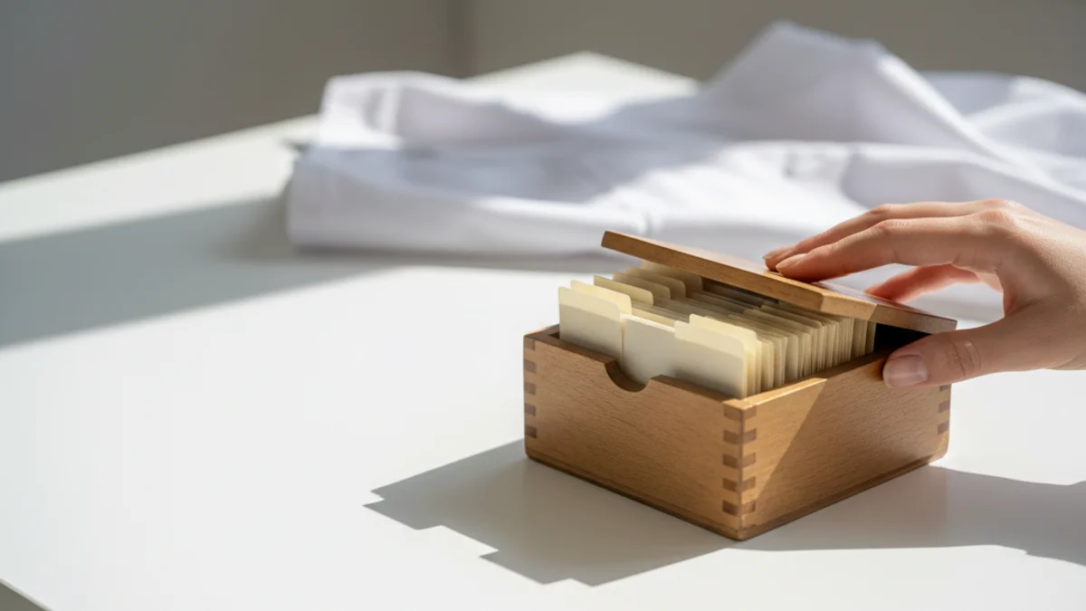 Caixa de fichas de índice em mesa clínica branca com abas em leque abertas.