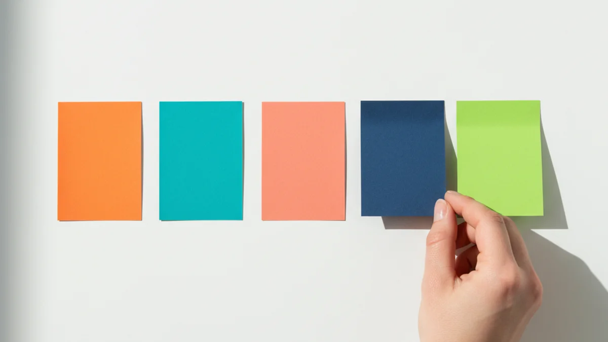 Fila de cartões coloridos sobre mesa branca com mão retirando o primeiro da sequência.