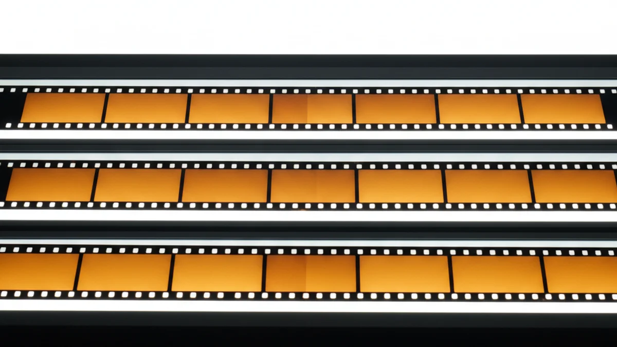 Tiras de filme fotográfico sobre mesa de luz revelando sequência repetida de frames idênticos.