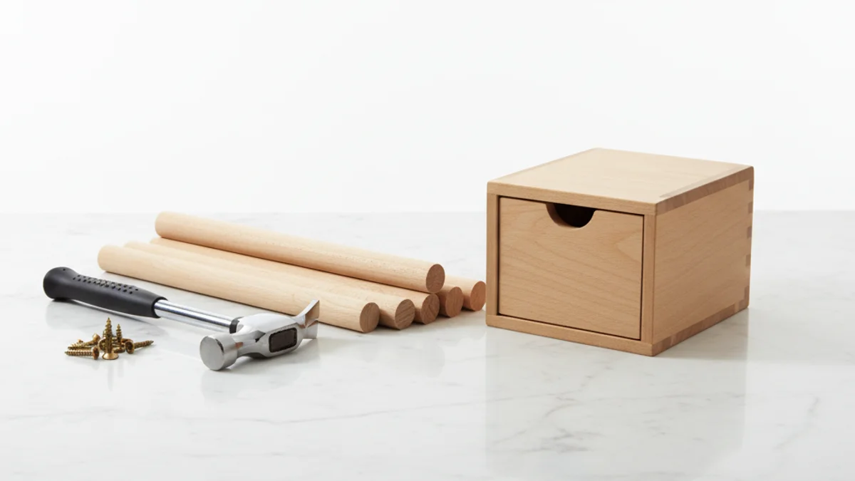 Materiais brutos de madeira ao lado de produto montado, comparando construir ou comprar.