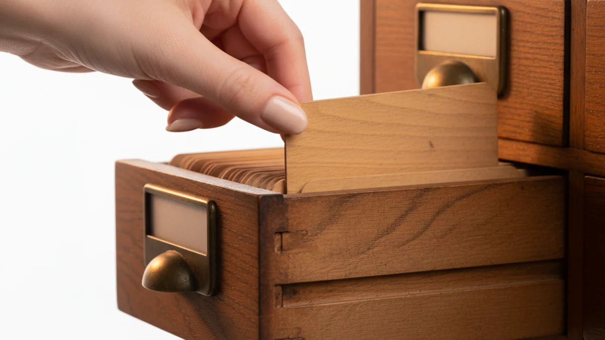 Mão retirando ficha de arquivo de madeira vintage em gaveta de catálogo de biblioteca.