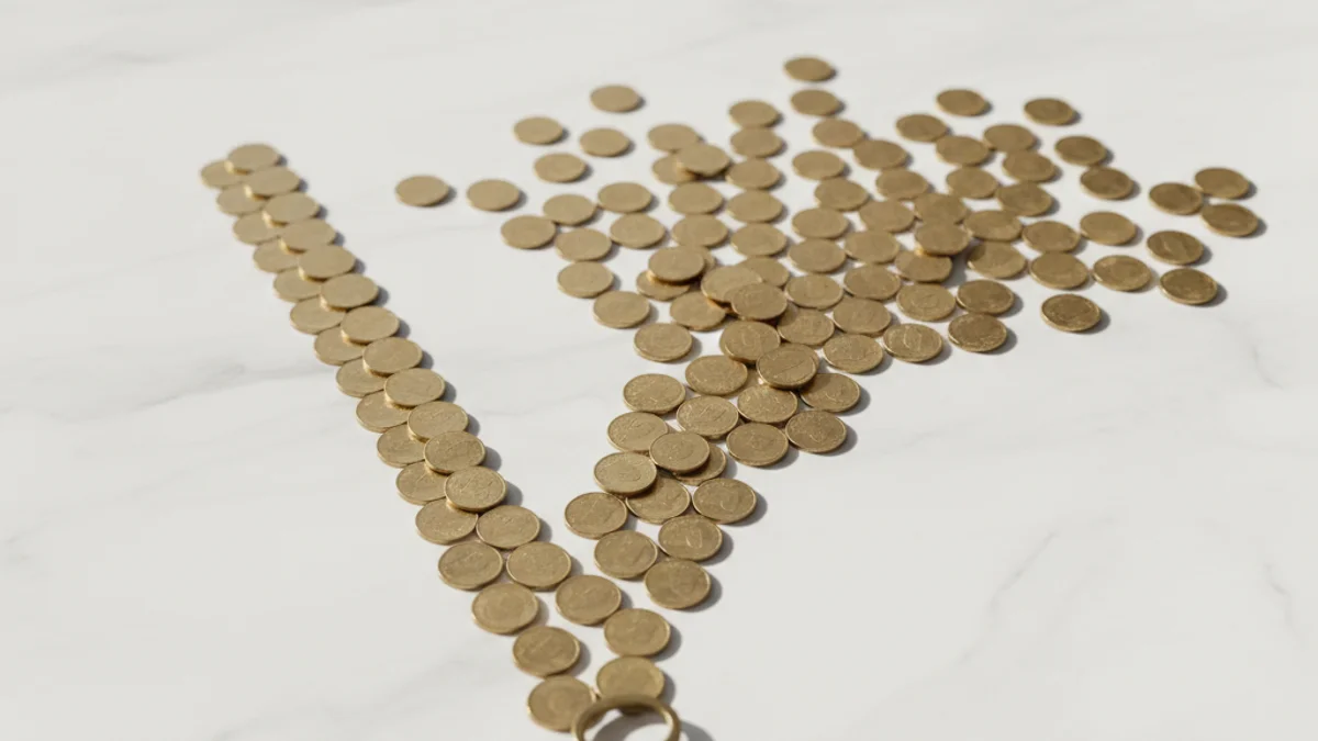 Moedas douradas formando dois caminhos distintos sobre superfície de mármore branco.