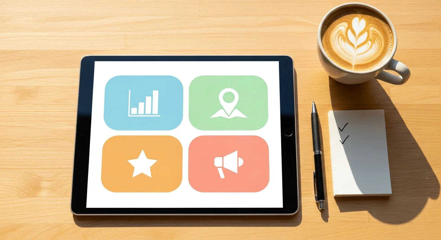 Tablet sobre mesa de madeira mostrando dashboard simplificado com gráficos coloridos e métricas de marketing local