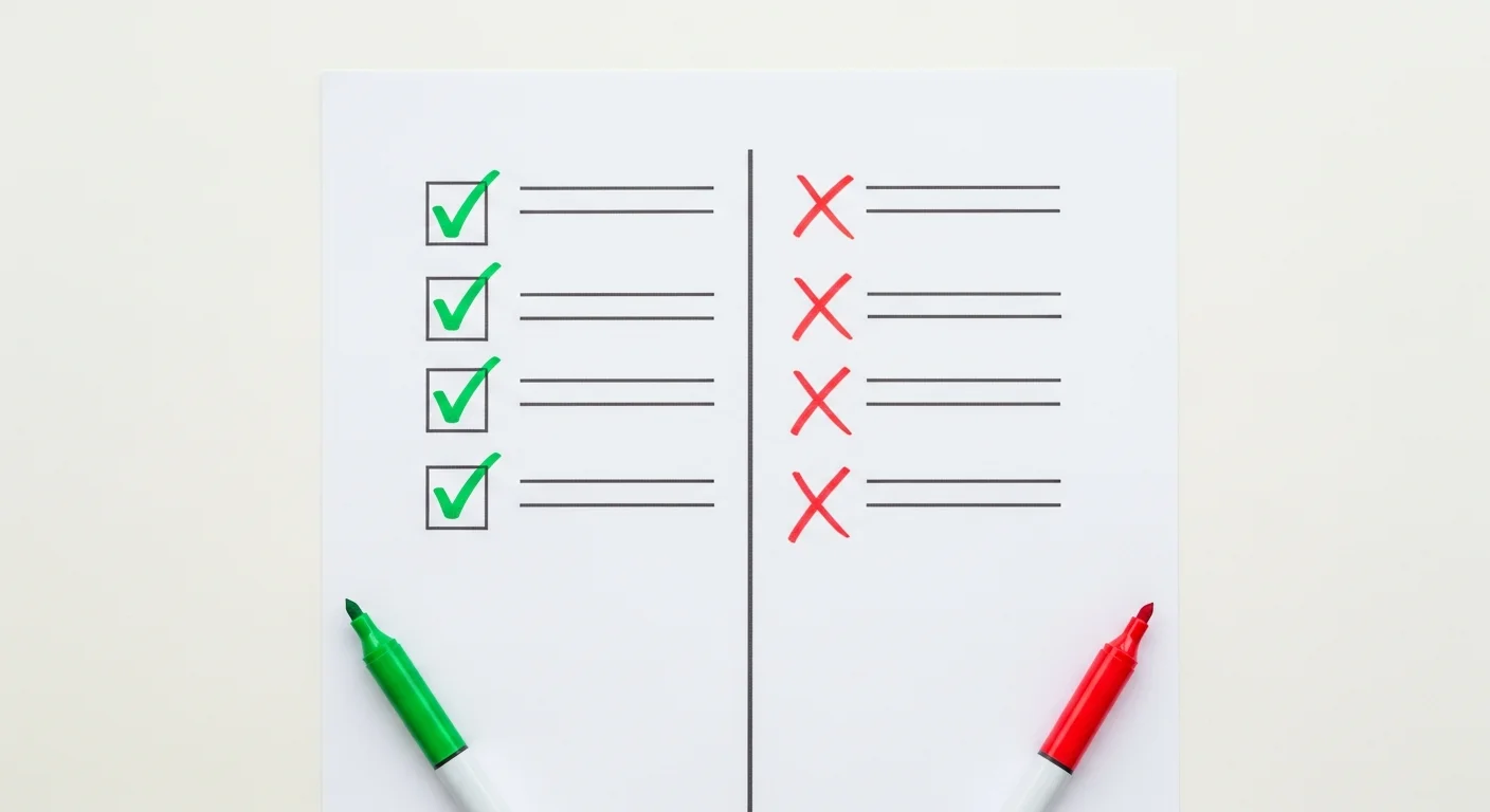 Caderno aberto sobre mesa com lista de funcionalidades marcadas com check e X, caneta ao lado