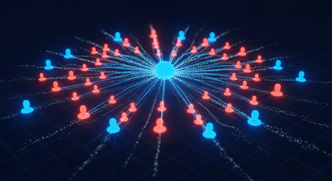 Visualização 3D de rede de perfis de audiência conectados por linhas luminosas em azul elétrico e laranja coral sobre fundo navy, representando lookalike audiences