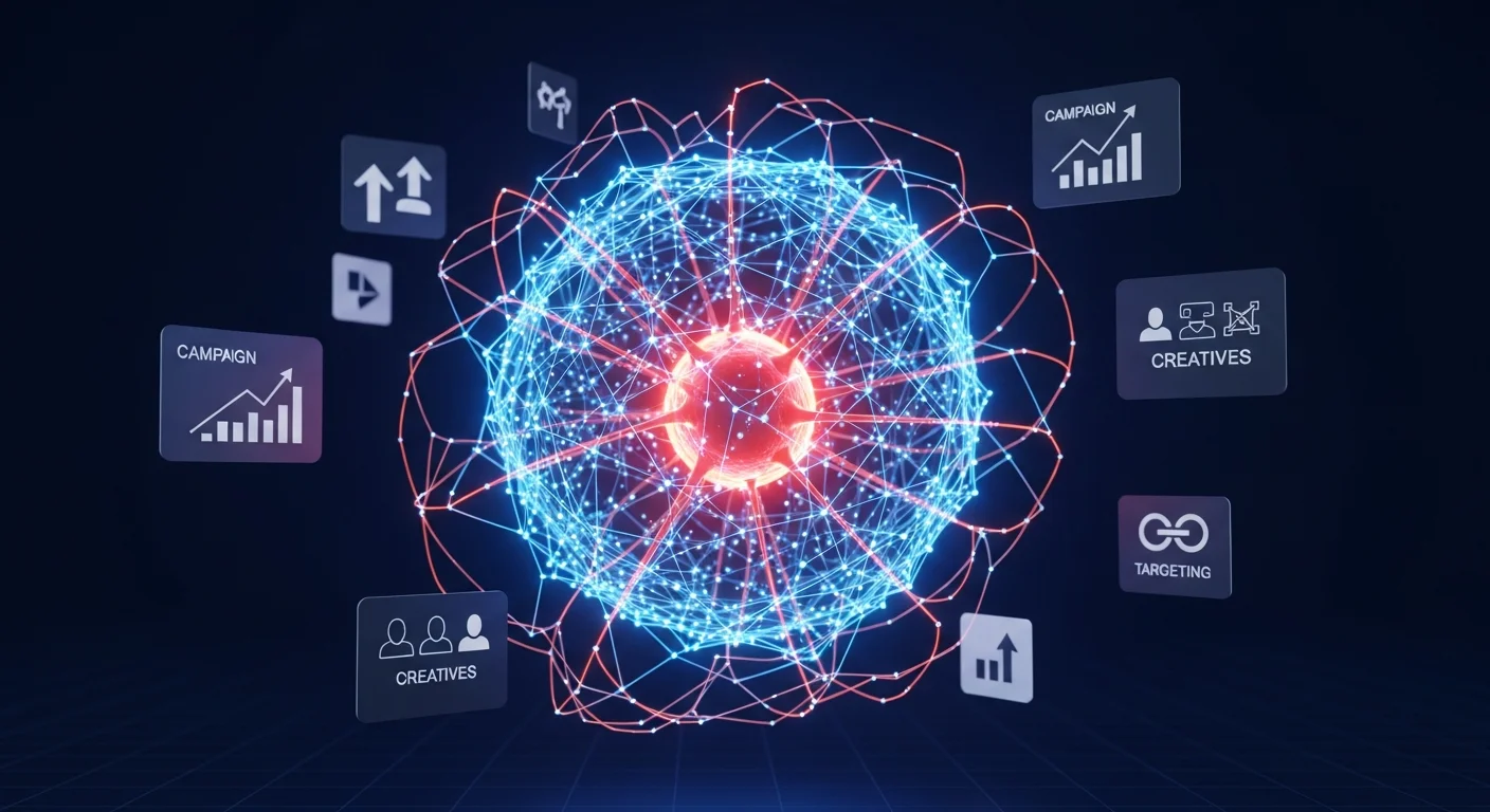 Render 3D de orbe de inteligência artificial com conexões neurais em azul elétrico e laranja coral, representando o algoritmo Advantage+ do Meta otimizando campanhas