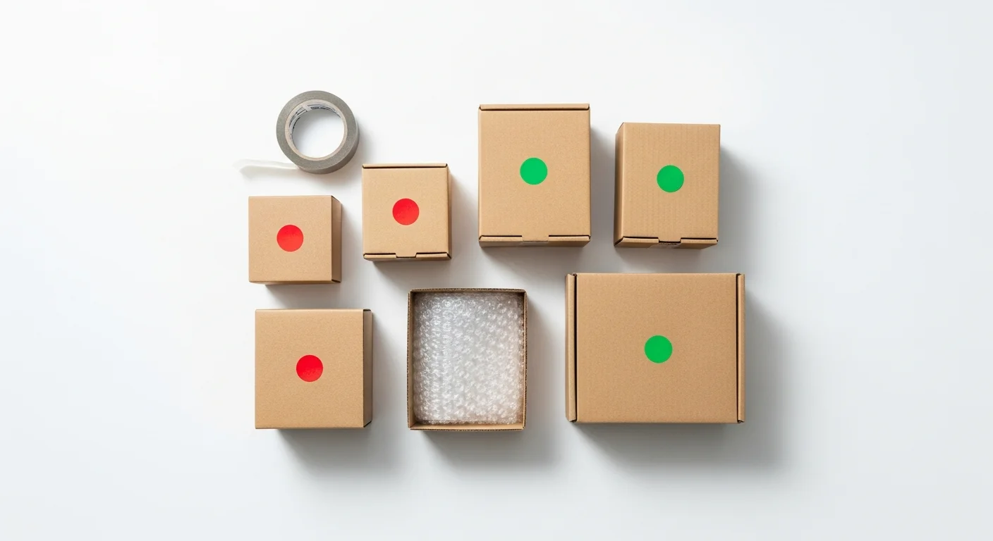 Caixas de e-commerce empilhadas com etiquetas de preço sobre mesa de expedição, algumas com marcação verde e outras com vermelho
