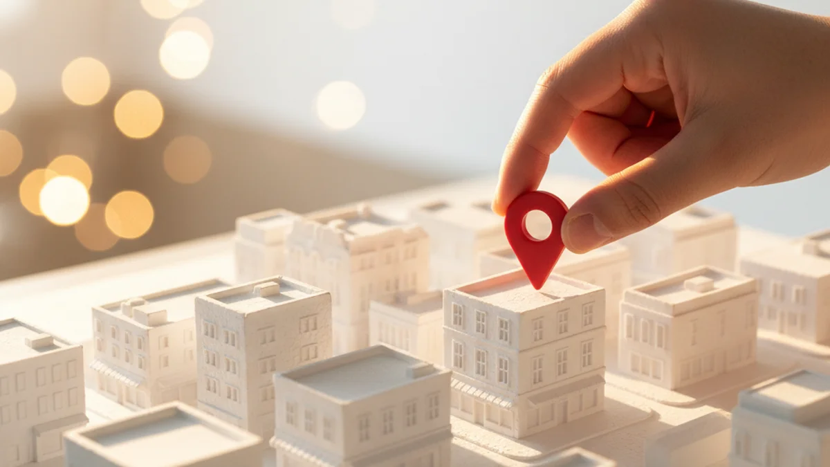 Mão posicionando pin de localização em maquete miniatura de cidade iluminada.