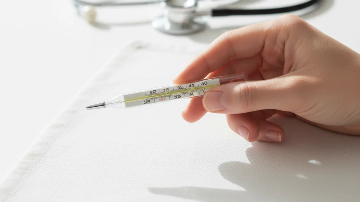 Mão segurando termômetro de vidro com estetoscópio desfocado ao fundo.