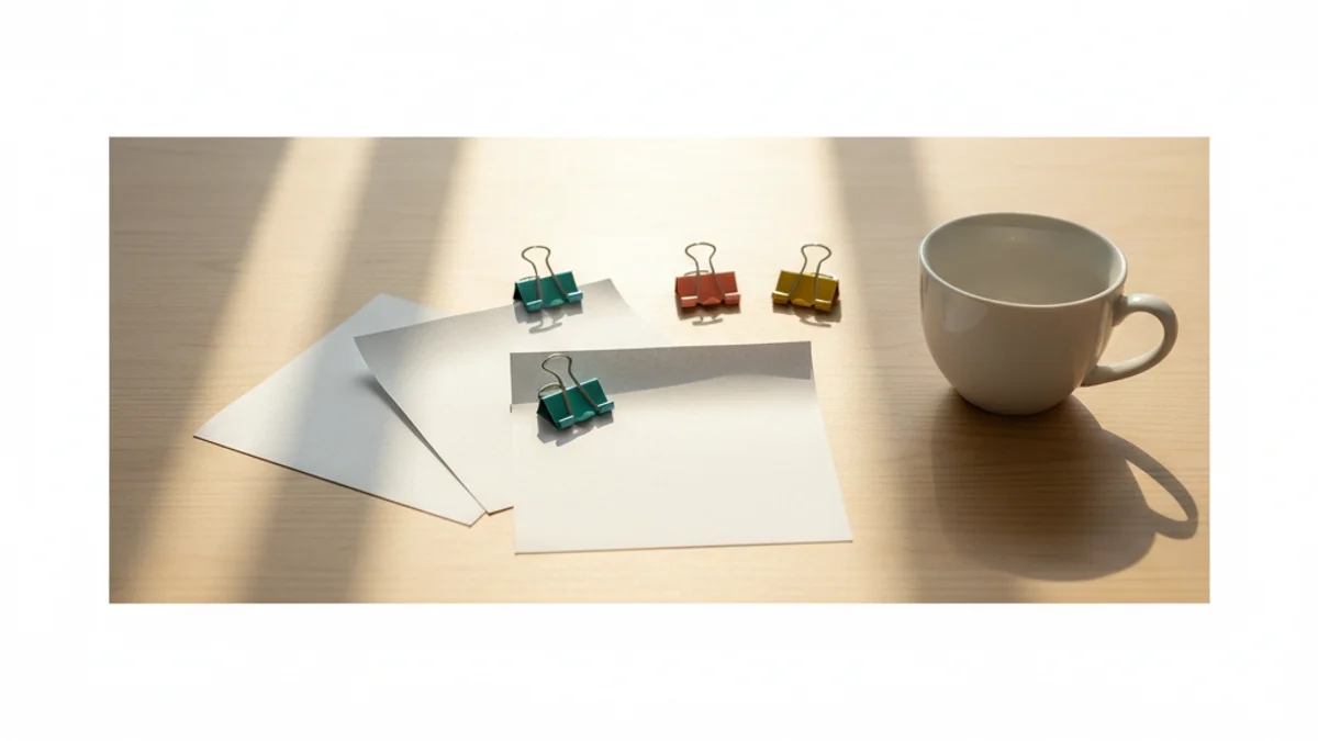 Notas de papel organizadas com prendedores coloridos sobre mesa de madeira iluminada.