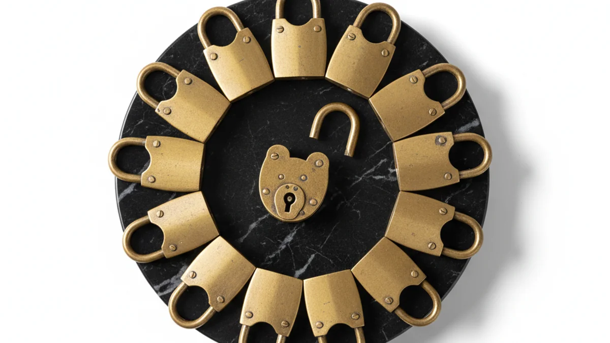 Grupo de cadeados de latão dispostos em círculo, com um aberto ao centro.