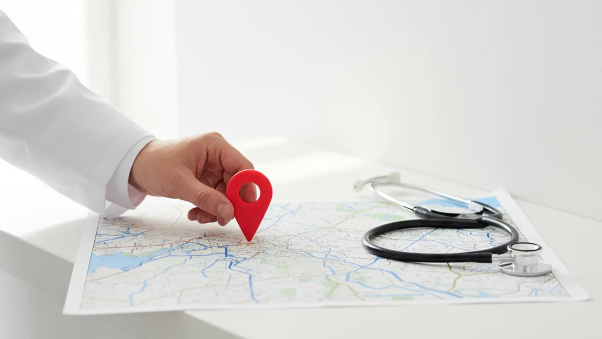 Mão com jaleco branco posicionando marcador de localização sobre mapa impresso ao lado de estetoscópio.